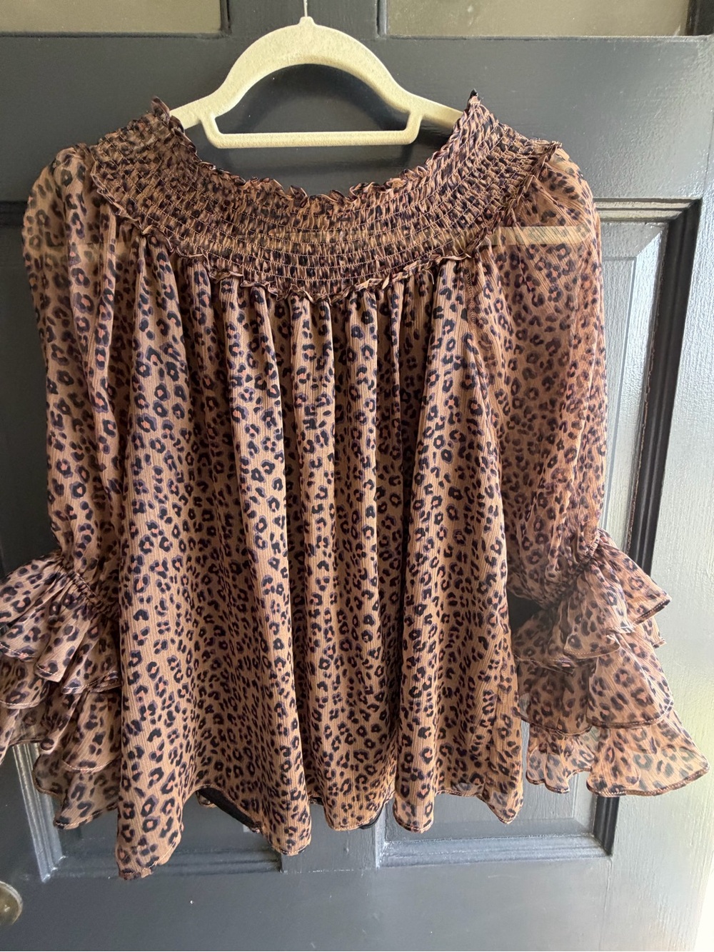 CeCe Brown Leopard Smocked Off-Shoulder Blouse